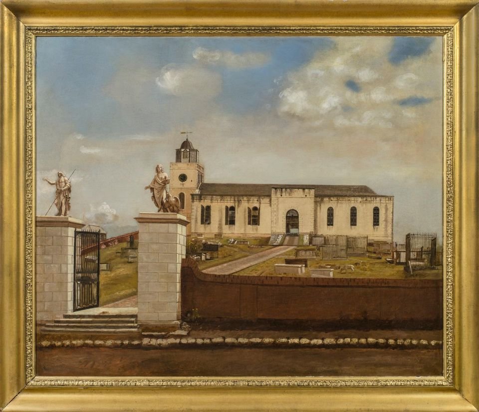 John the Divine, was originally a wood structure that was built in 1681 and replaced by a stone structure in 1722, as depicted in this painting of the Cathedral in the 1700s.